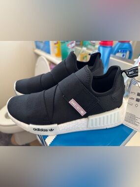 adidas Black Slip-On NMD_R1 Sneakers with Pink Tag